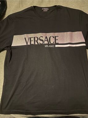 Versace Black Tee with Iridescent Stripe Logo
